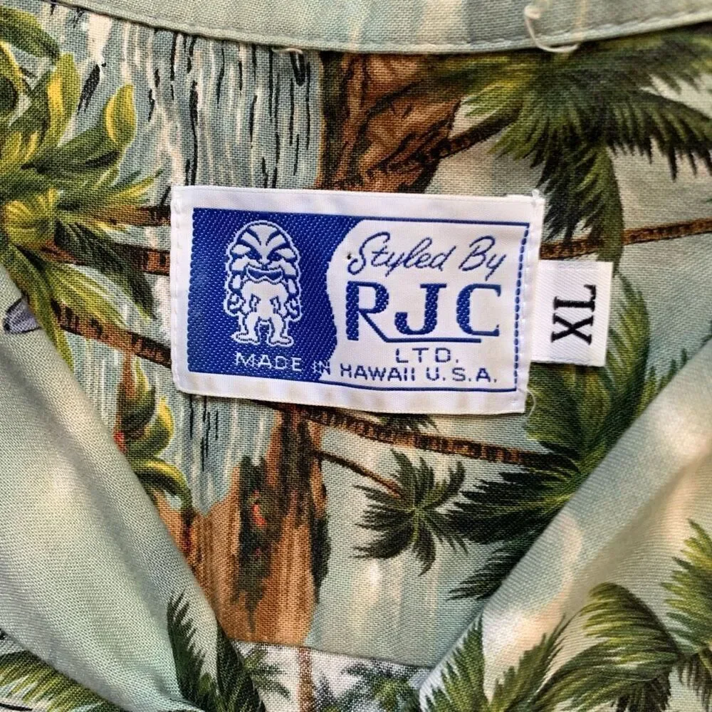 Vintage RJC Shirt Tropical Hawaiian Printed‎ Classic Airplane Green Boxy Camp XL